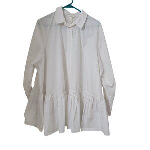 H&M Size 14 White Blouse with Flounced Hem, Long Sleeve, Button Down Front